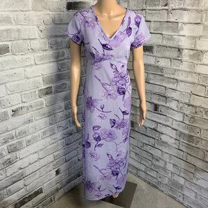 Vintage 90s Purple Floral Midi Dress Empire Waist Short Sleeve Tie Back